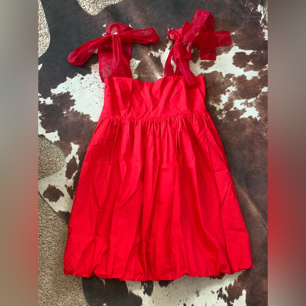 Red Bubble Hem Dress with Bow Straps